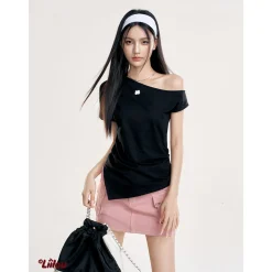 Liilou Diagonal Off-Shoulder Irregular Top Black