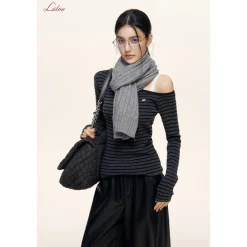 Liilou Diagonal Off-Shoulder Striped Knit Top