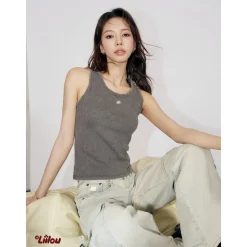 Liilou Distressed Washed Casual Vest Dark Grey