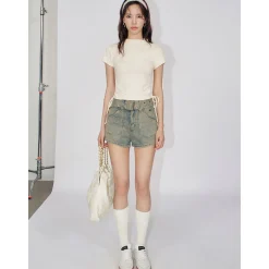 Liilou Embroidery Logo Turtleneck Drawstring Top Cream