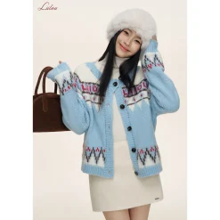 Liilou Fair Isle Jacquard Woolen Knit Cardigan Blue