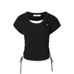 Liilou Fake-2-Piece Contrast Color Pleated Knit Top Black
