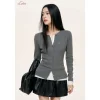 Liilou Fake-2-Piece Contrast Color Slim Knit Top Gray