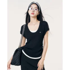 Liilou Fake-2-Piece Contrast Color Pleated Knit Top Black