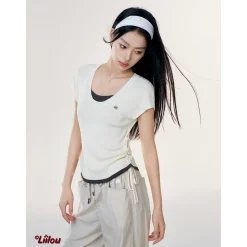 Liilou Fake-2-Piece Contrast Color Pleated Knit Top Apricot