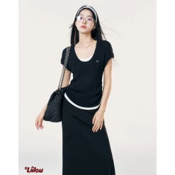 Liilou Fake-2-Piece Contrast Color Pleated Knit Top Black
