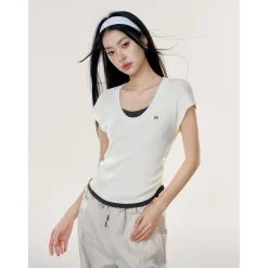 Liilou Fake-2-Piece Contrast Color Pleated Knit Top Apricot