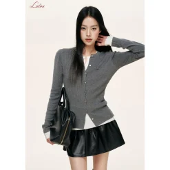 Liilou Fake-2-Piece Contrast Color Slim Knit Top Gray