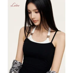 Liilou Fake-2-Piece Contrast Color Halter Vest Black