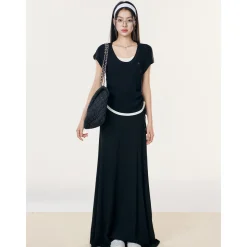 Liilou Fake-2-Piece Contrast Color Pleated Knit Top Black