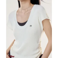 Liilou Fake-2-Piece Contrast Color Pleated Knit Top Apricot
