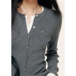 Liilou Fake-2-Piece Contrast Color Slim Knit Top Gray