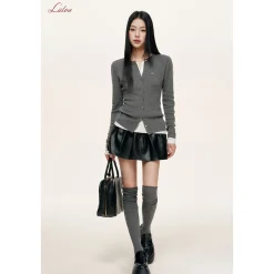 Liilou Fake-2-Piece Contrast Color Slim Knit Top Gray