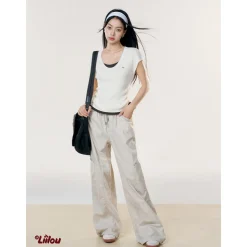 Liilou Fake-2-Piece Contrast Color Pleated Knit Top Apricot