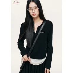 Liilou Fake-2-Piece V-Neck Woolen Knit Top Black