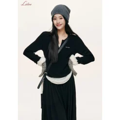 Liilou Fake-2-Piece V-Neck Woolen Knit Top Black