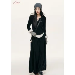 Liilou Fake-2-Piece V-Neck Woolen Knit Top Black