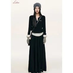 Liilou Fake-2-Piece V-Neck Woolen Knit Top Black