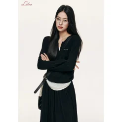 Liilou Fake-2-Piece V-Neck Woolen Knit Top Black