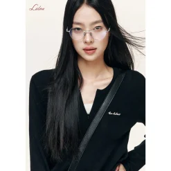 Liilou Fake-2-Piece V-Neck Woolen Knit Top Black