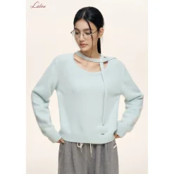 Liilou Halter Lace Up Long Sleeved Knit Sweater Blue