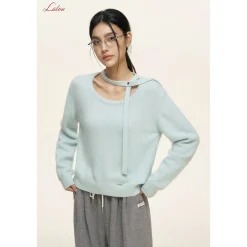 Liilou Halter Lace Up Long Sleeved Knit Sweater Blue