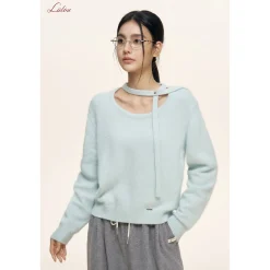 Liilou Halter Lace Up Long Sleeved Knit Sweater Blue