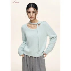 Liilou Halter Lace Up Long Sleeved Knit Sweater Blue