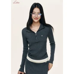 Liilou Merino Woolen Fake-2-Piece Contrast Color Knit Top