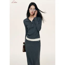 Liilou Merino Woolen Fake-2-Piece Contrast Color Knit Top