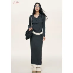 Liilou Merino Woolen Fake-2-Piece Contrast Color Knit Top