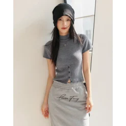 Liilou Merino Woolen Half High Collar Slim Knit Top Grey