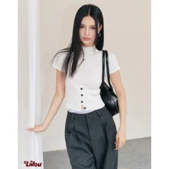 Liilou Merino Woolen Half High Collar Slim Knit Top White