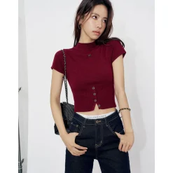 Liilou Merino Woolen Half High Collar Slim Knit Top Wine Red