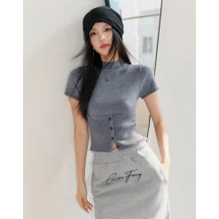 Liilou Merino Woolen Half High Collar Slim Knit Top Grey