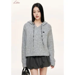 Liilou Plaid Drawstring Hooded Casual Knit Sweater