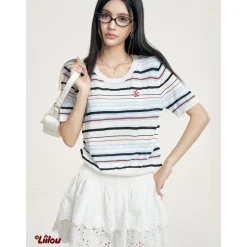 Liilou Silk Woolen Striped Knit Top Blue