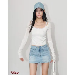 Liilou Silk Woolen U-Neck Long Sleeved Knitted Top