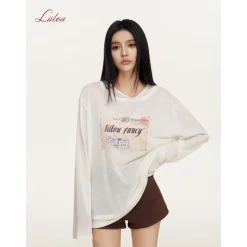 Liilou Stamp Printed Fake-2-Piece Irregular Top Cream