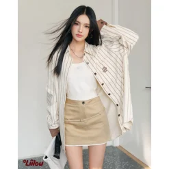 Liilou Suede Patchwork Striped Casual Shirt