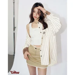 Liilou Suede Patchwork Striped Casual Shirt