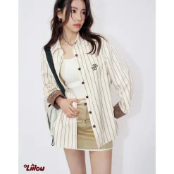Liilou Suede Patchwork Striped Casual Shirt