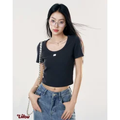 Liilou U-Neck Straight Shoulder T-Shirt Dark Grey