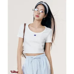 Liilou U-Neck Straight Shoulder T-Shirt White