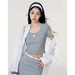Liilou U-Neck Straight Shoulder T-Shirt Light Grey