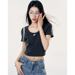 Liilou U-Neck Straight Shoulder T-Shirt Dark Grey