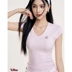 Liilou V-Neck Metal Logo Slim Top Pink