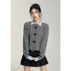MacyMccoy Color Blocked Bow Twist Knit Cardigan Gray