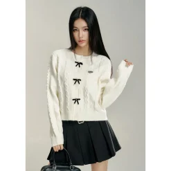 MacyMccoy Color Blocked Bow Twist Knit Cardigan White