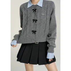 MacyMccoy Color Blocked Bow Twist Knit Cardigan Gray